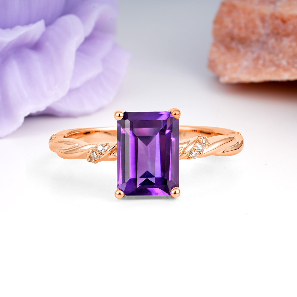 Classic Luxury Twisted 4-Prong Emerald Cut Amethyst Engagement Ring - Additional view