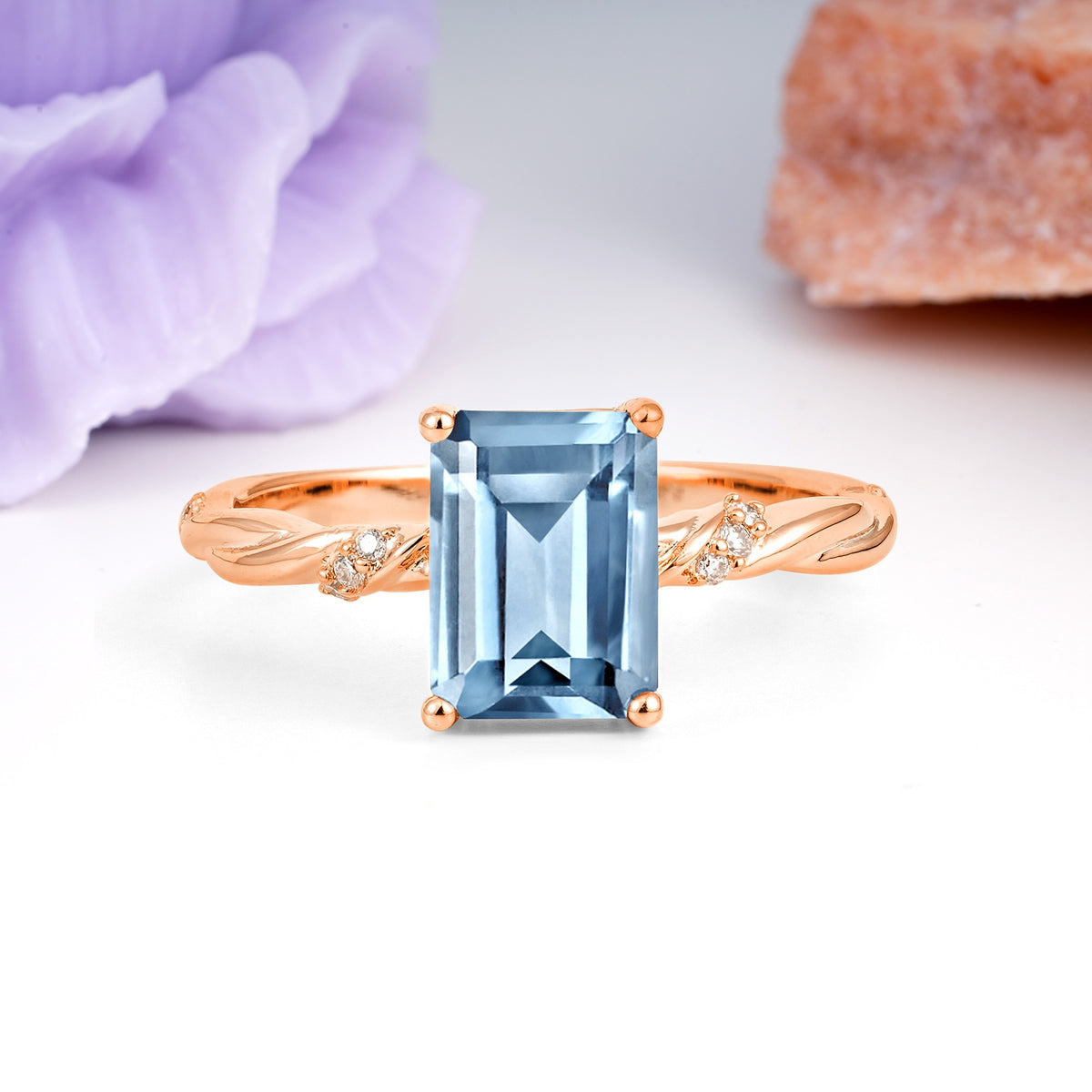 Classic Luxury Twisted 4-Prong Emerald Cut Aquamarine Engagement Ring - Additional view