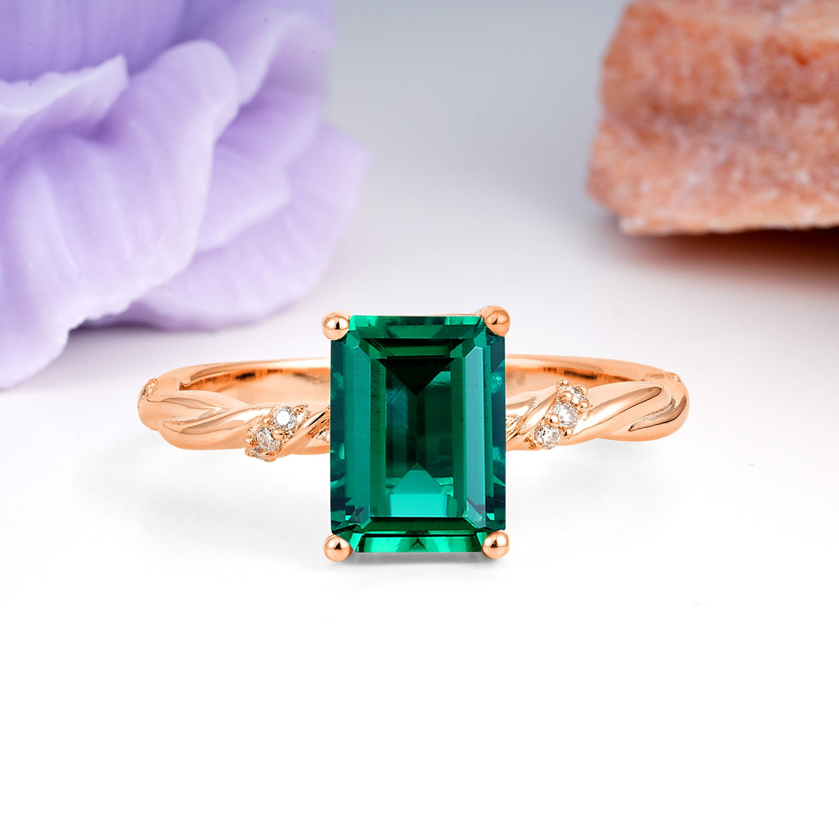 Classic Luxury Twisted 4-Prong Emerald Cut Emerald Engagement Ring - Additional view