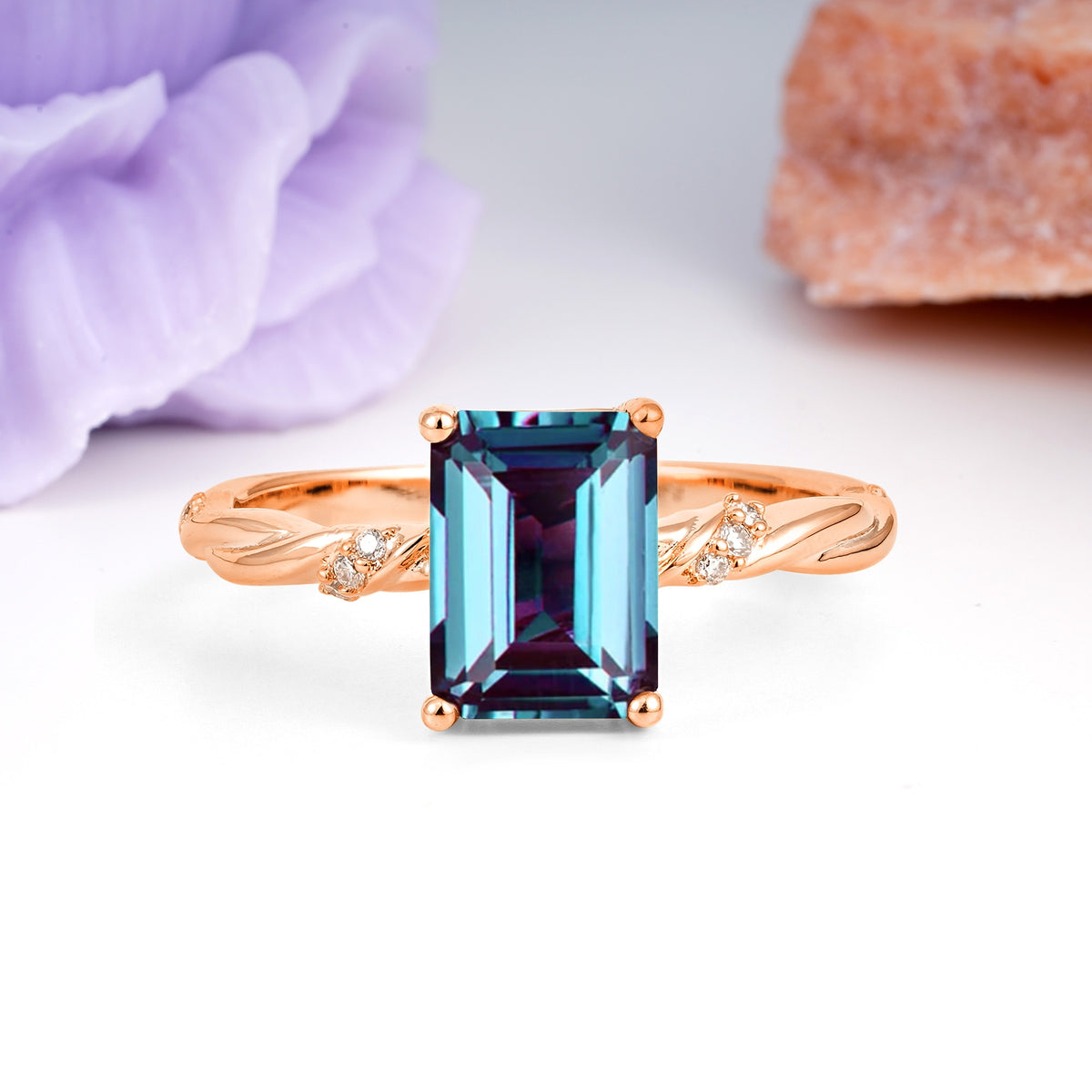 Classic Luxury Twisted 4-Prong Emerald Cut Alexandrite Engagement Ring - Additional view
