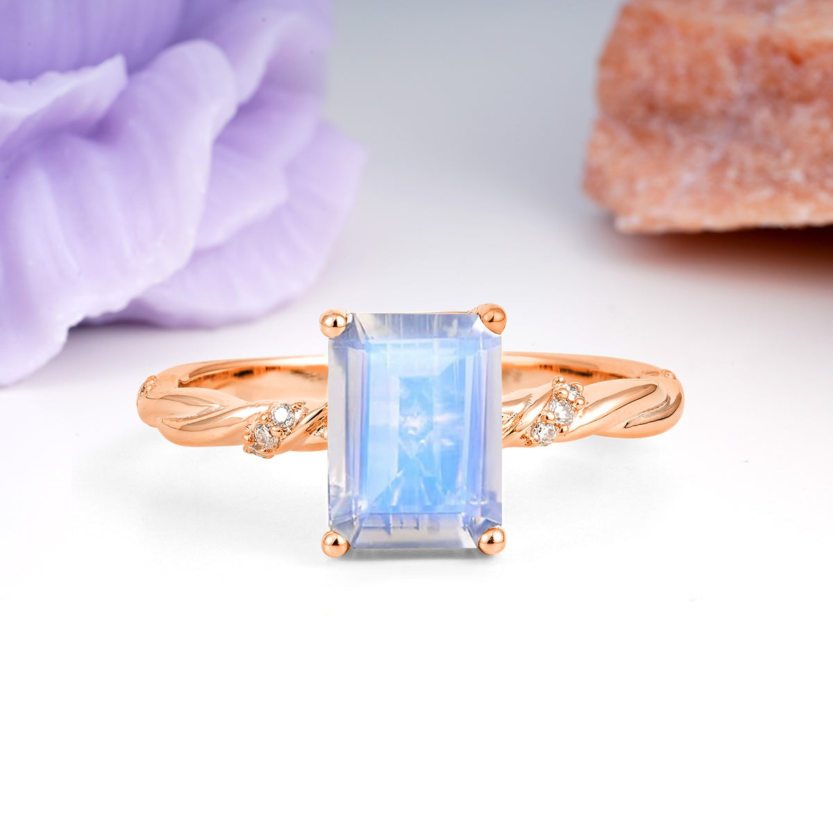 Classic Luxury Twisted 4-Prong Emerald Cut Moonstone Engagement Ring - Additional view