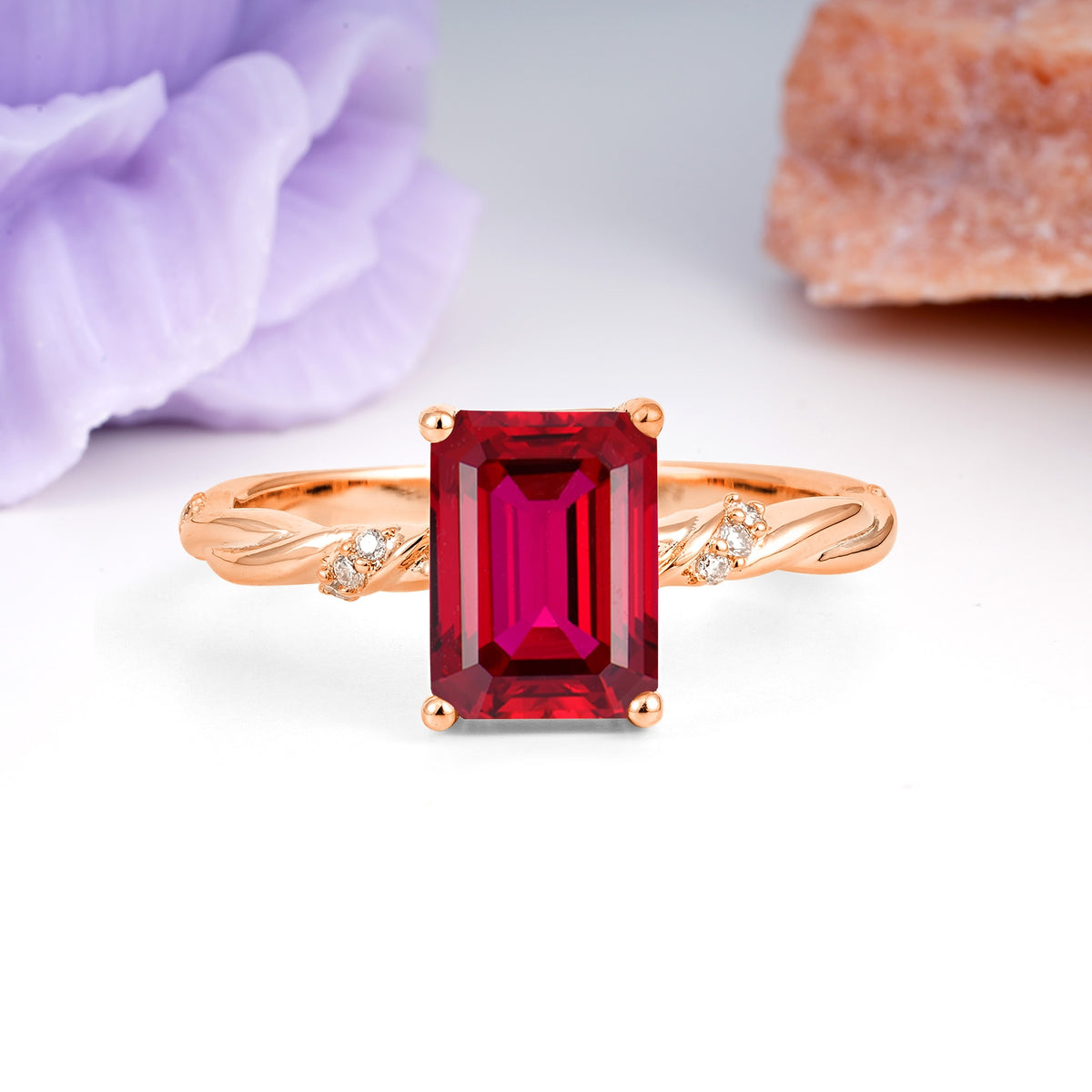 Classic Luxury Twisted 4-Prong Emerald Cut Ruby Engagement Ring - Additional view