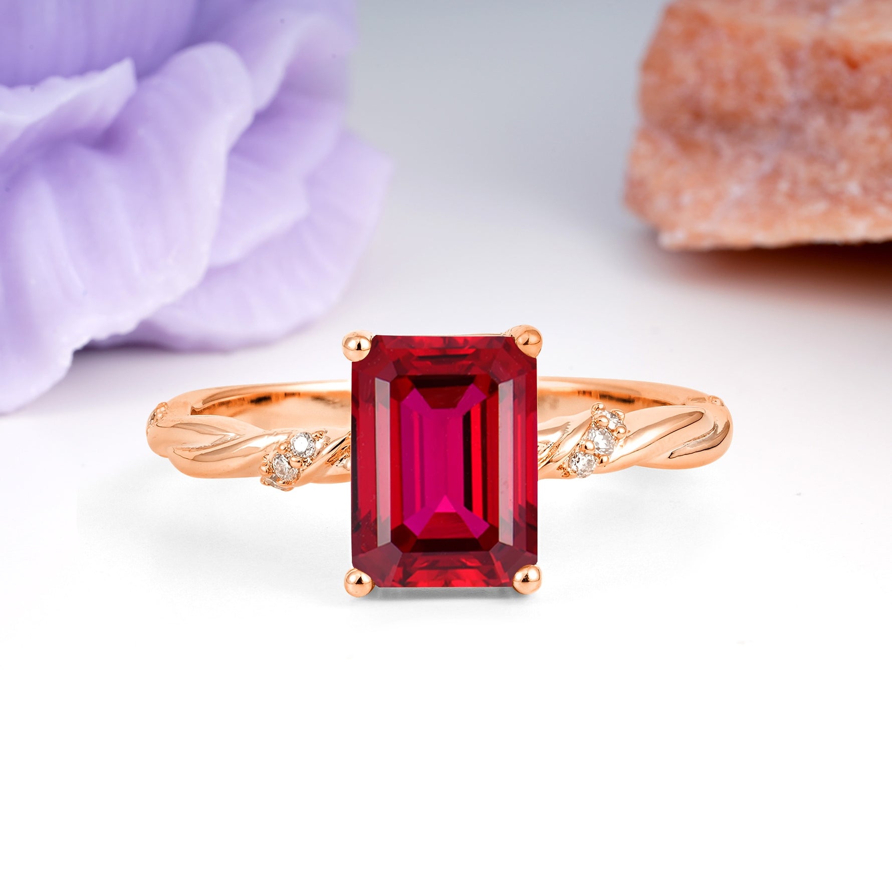 Classic Luxury Twisted 4-Prong Emerald Cut Ruby Engagement Ring - Additional view