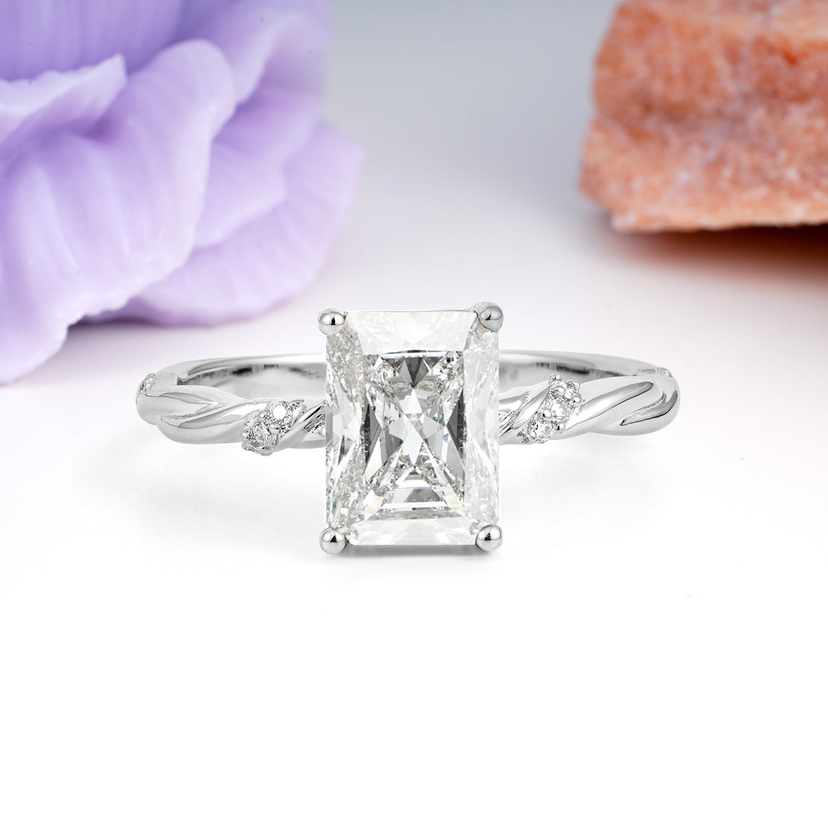Classic Luxury Twisted 4-Prong Emerald Cut Moissanite Engagement Ring - Additional view