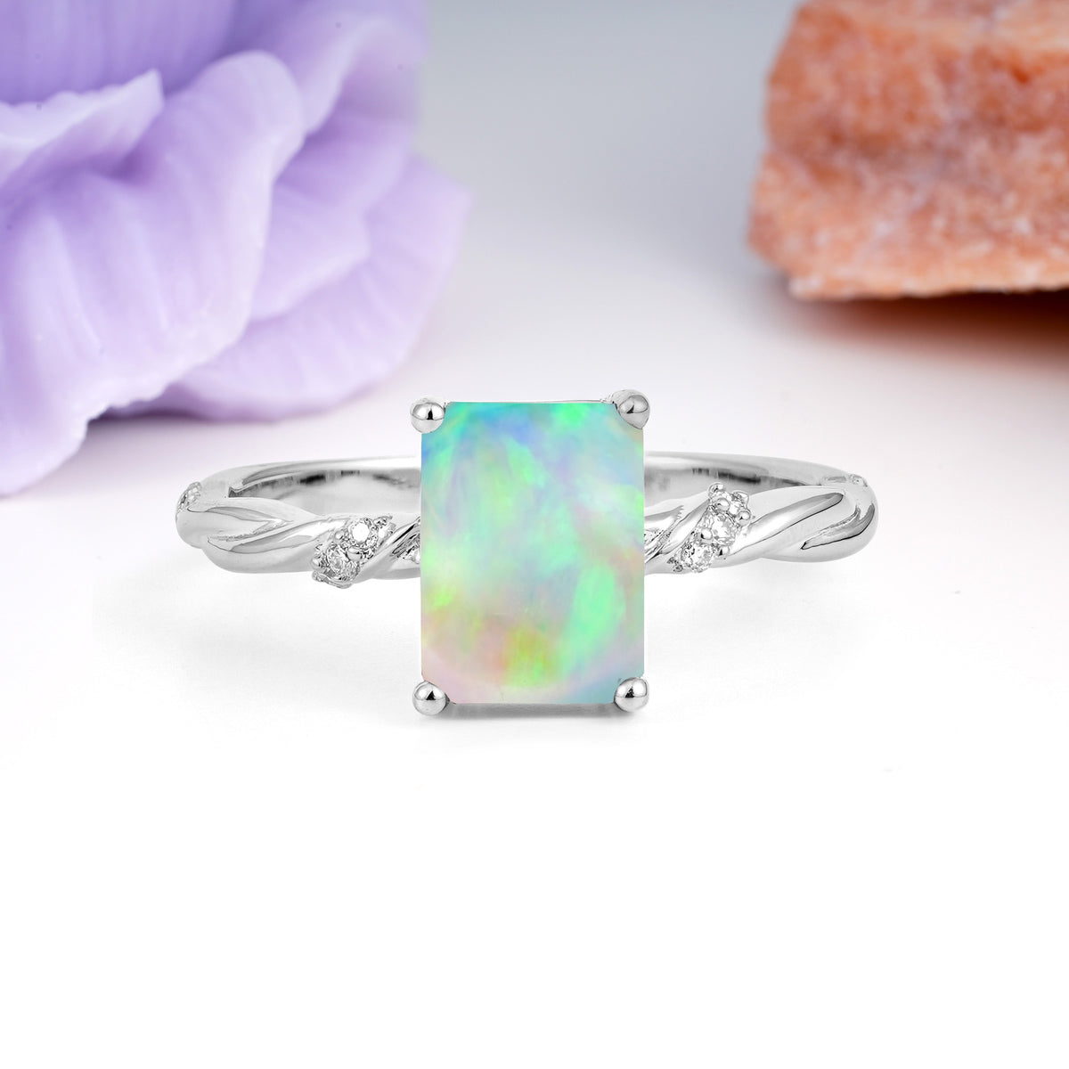 Classic Luxury Twisted 4-Prong Emerald Cut Fire Opal Engagement Ring - Additional view