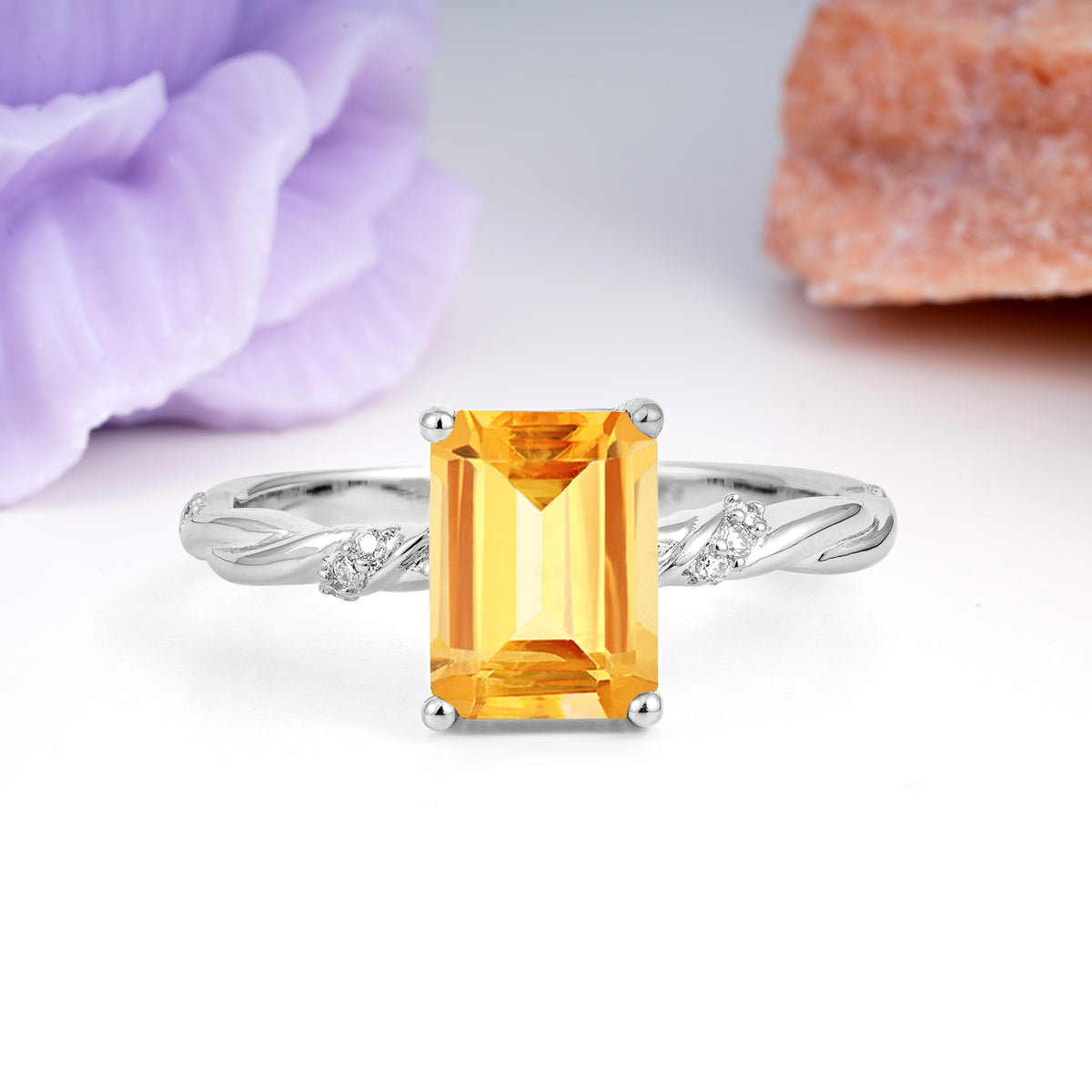 Classic Luxury Twisted 4-Prong Emerald Cut Citrine Engagement Ring - Additional view