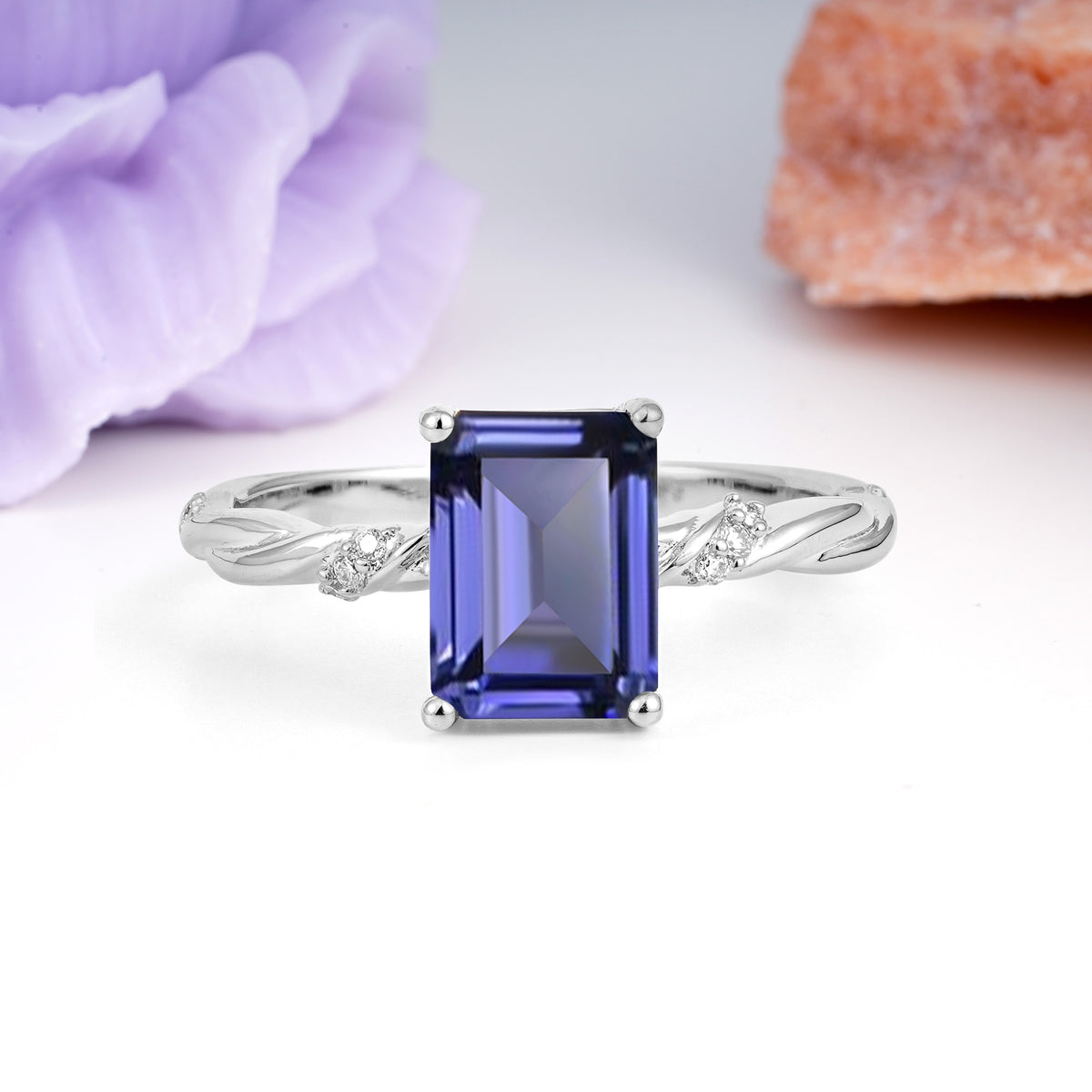 Classic Luxury Twisted 4-Prong Emerald Cut Tanzanite Engagement Ring - Additional view