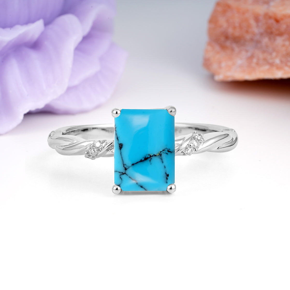 Classic Luxury Twisted 4-Prong Emerald Cut Turquoise Engagement Ring - Additional view