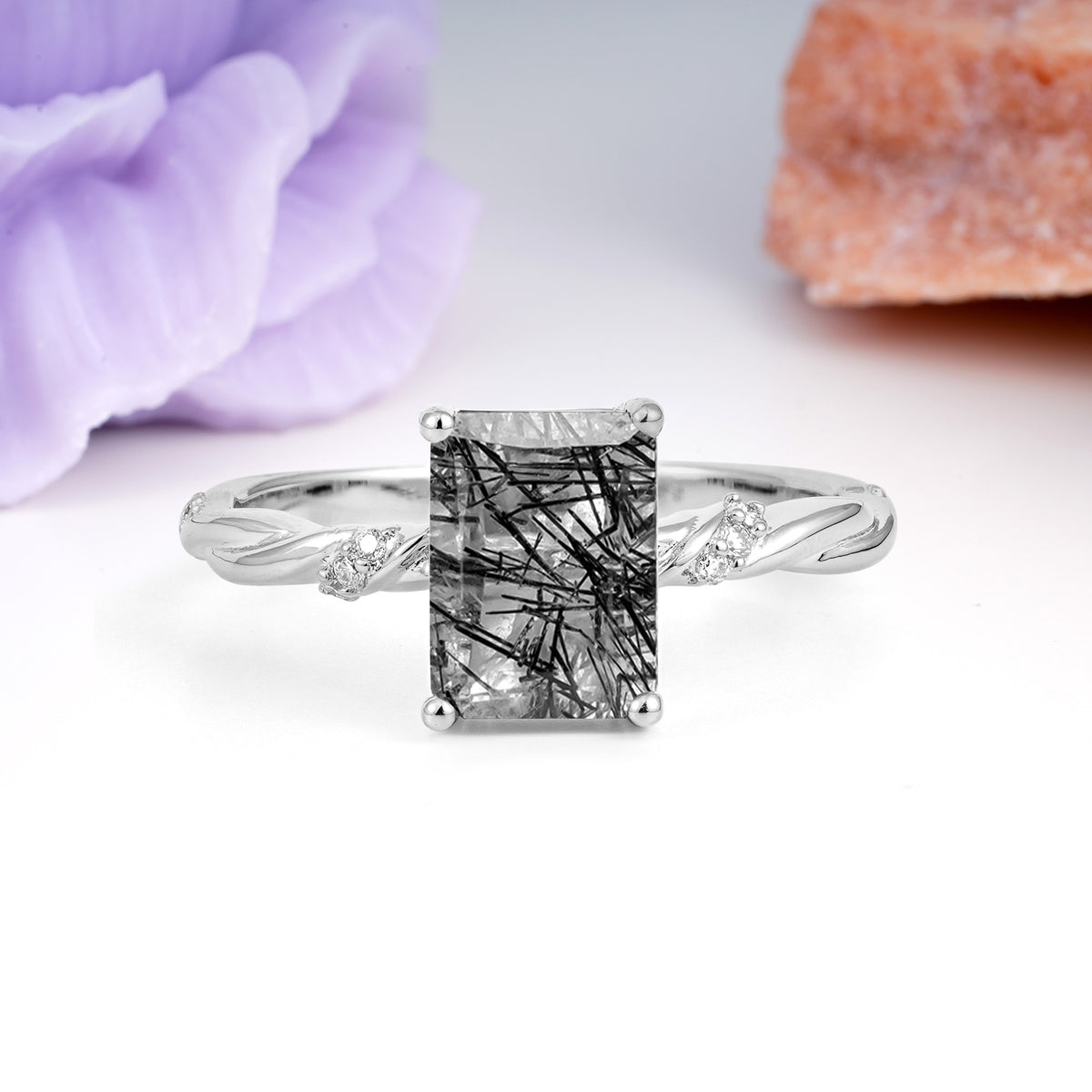 Classic Luxury Twisted 4-Prong Emerald Cut Black Rutilated Quartz Engagement Ring - Additional view
