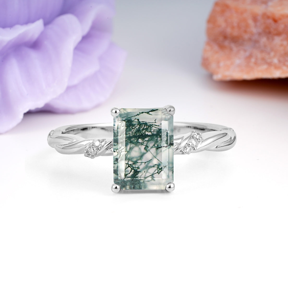 Classic Luxury Twisted 4-Prong Emerald Cut Moss Agate Engagement Ring - Additional view