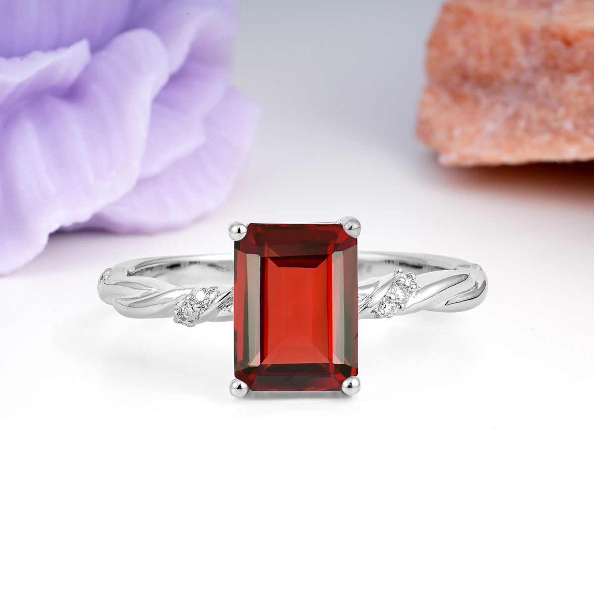 Classic Luxury Twisted 4-Prong Emerald Cut Garnet Engagement Ring - Additional view