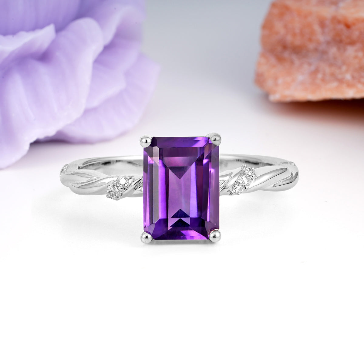 Classic Luxury Twisted 4-Prong Emerald Cut Amethyst Engagement Ring - Additional view