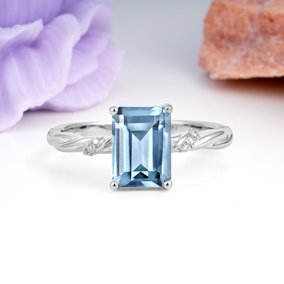 Classic Luxury Twisted 4-Prong Emerald Cut Aquamarine Engagement Ring - Additional view