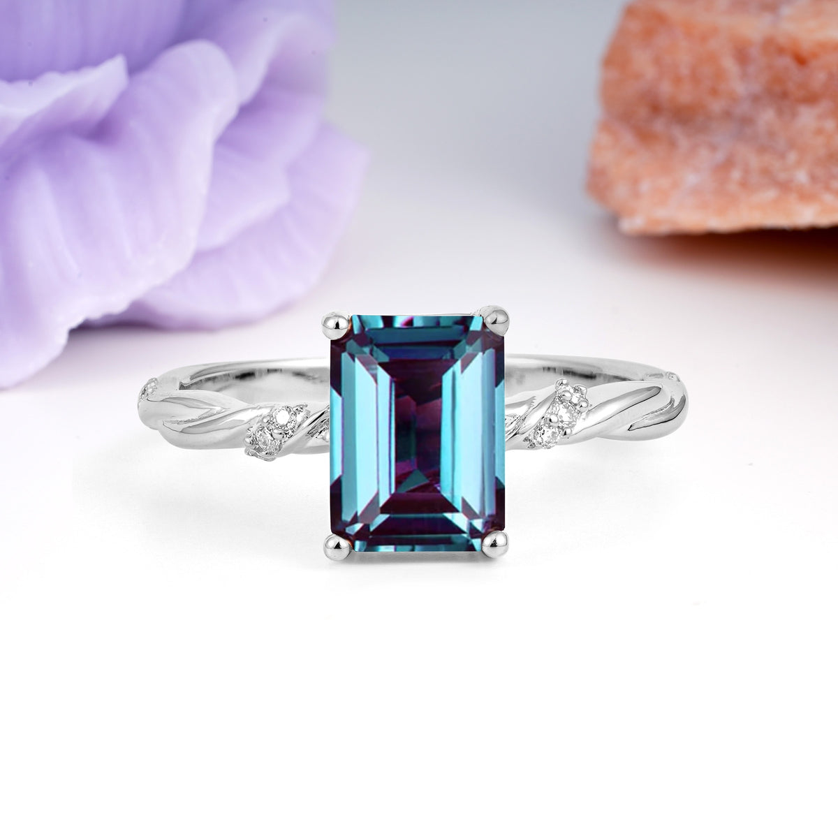 Classic Luxury Twisted 4-Prong Emerald Cut Alexandrite Engagement Ring - Additional view