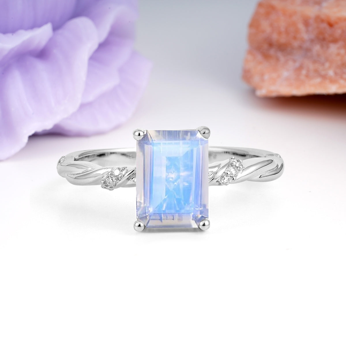 Classic Luxury Twisted 4-Prong Emerald Cut Moonstone Engagement Ring - Additional view
