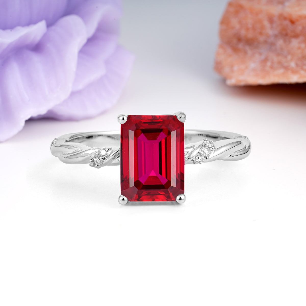 Classic Luxury Twisted 4-Prong Emerald Cut Ruby Engagement Ring - Additional view