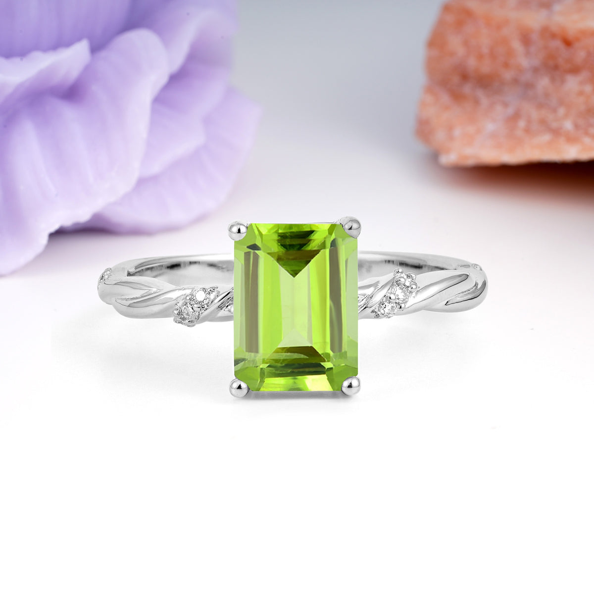 Classic Luxury Twisted 4-Prong Emerald Cut Peridot Engagement Ring - Additional view