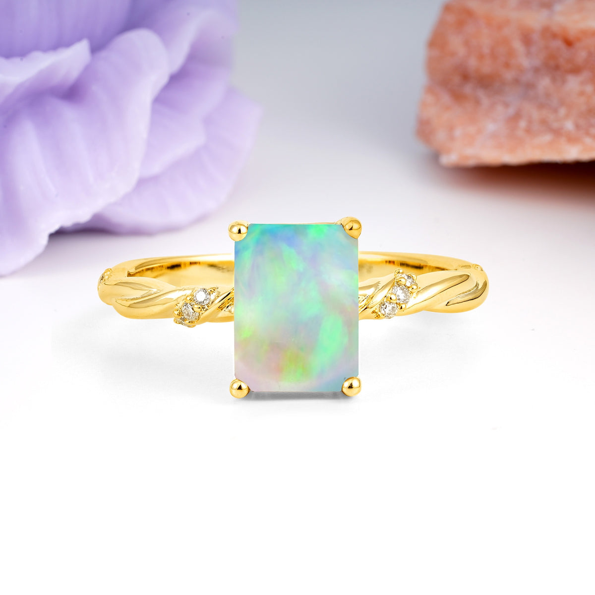 Classic Luxury Twisted 4-Prong Emerald Cut Fire Opal Engagement Ring - Additional view