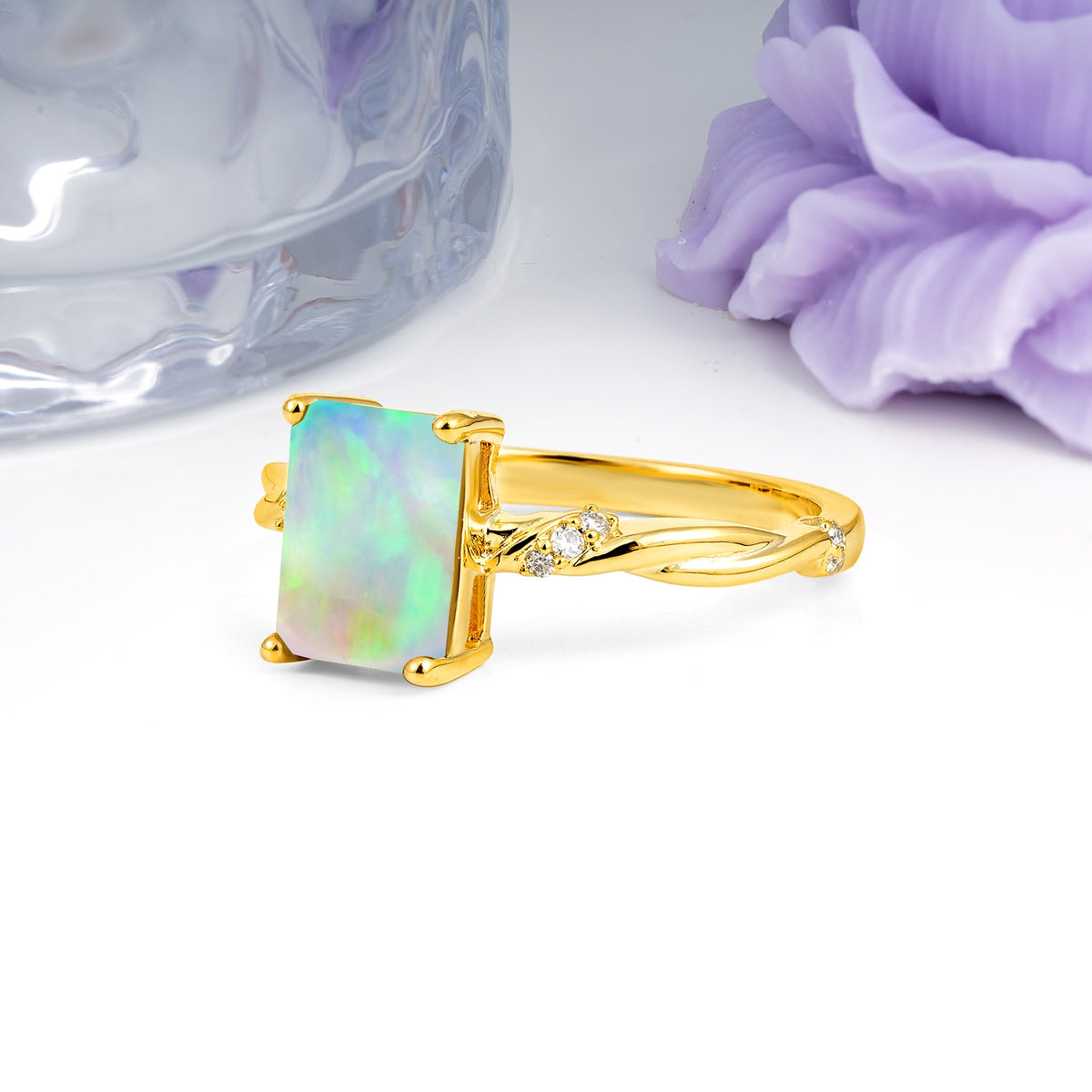 Classic Luxury Twisted 4-Prong Emerald Cut Fire Opal Engagement Ring - Additional view