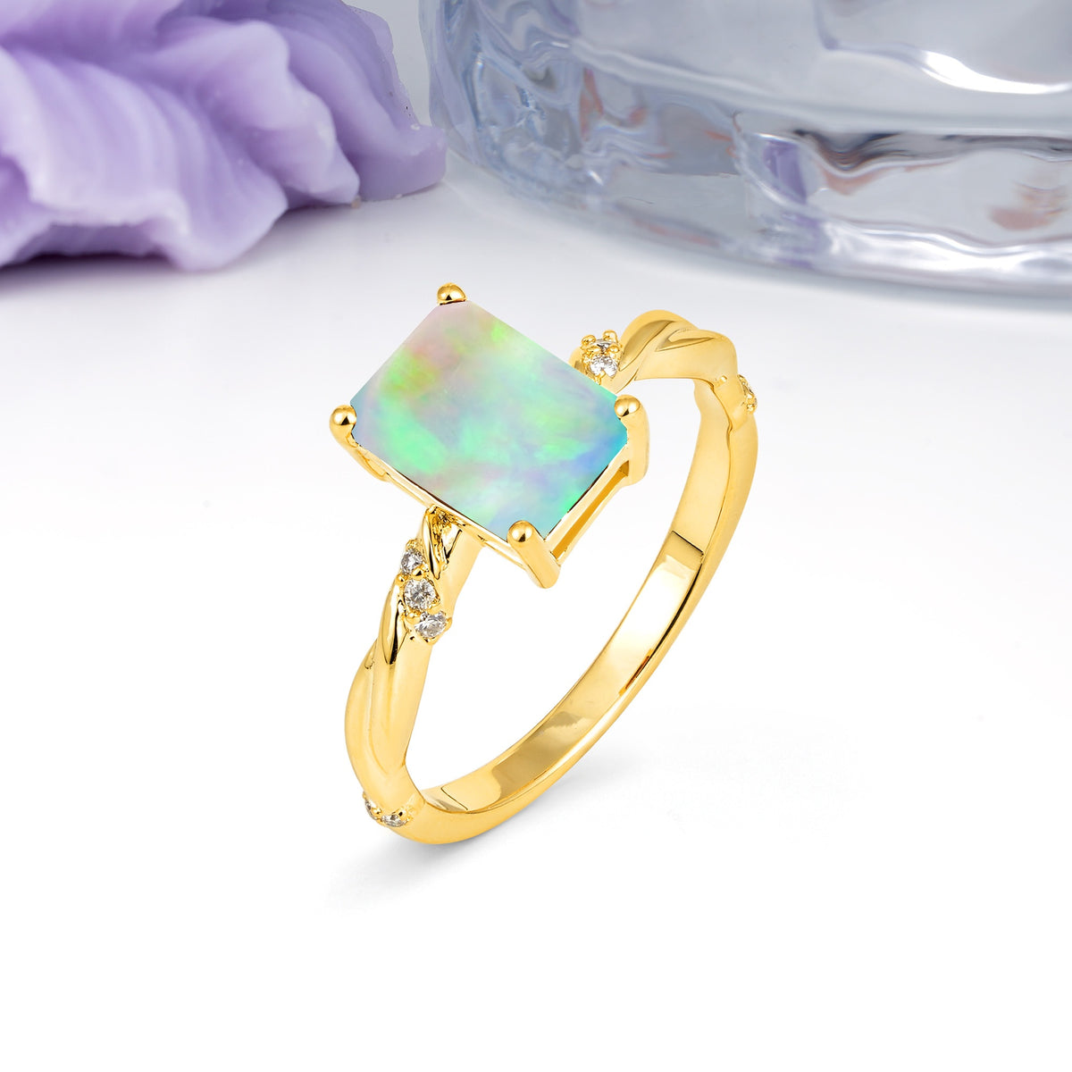 Classic Luxury Twisted 4-Prong Emerald Cut Fire Opal Engagement Ring - Additional view