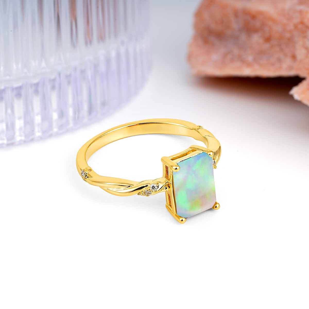 Classic Luxury Twisted 4-Prong Emerald Cut Fire Opal Engagement Ring - Additional view