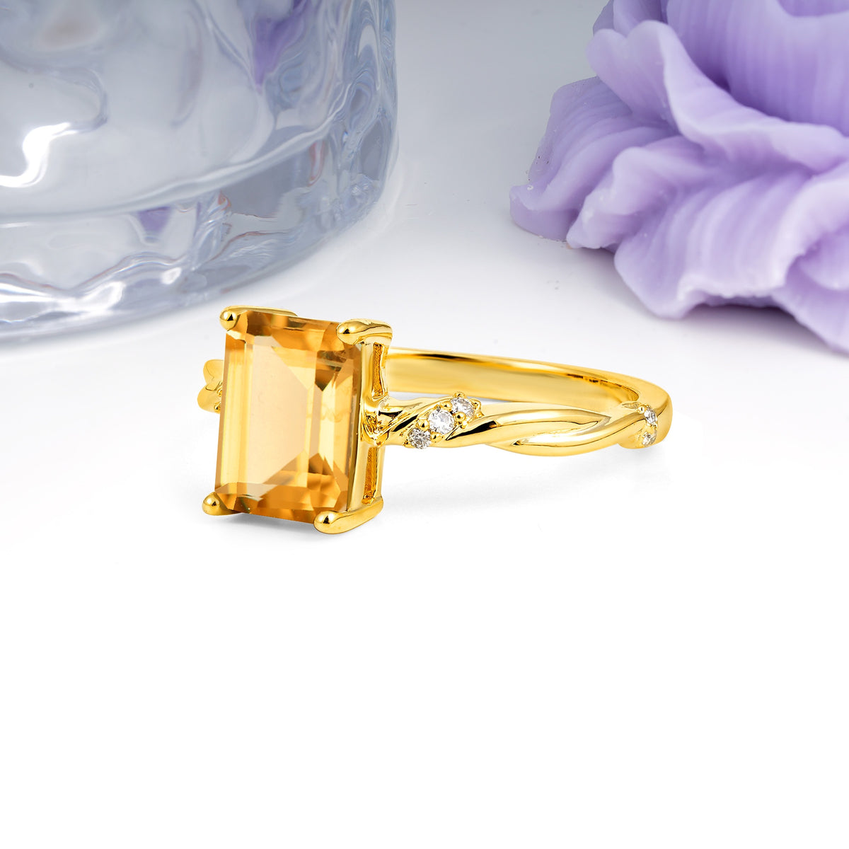 Classic Luxury Twisted 4-Prong Emerald Cut Citrine Engagement Ring - Additional view