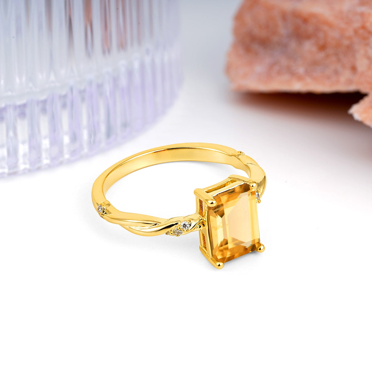 Classic Luxury Twisted 4-Prong Emerald Cut Citrine Engagement Ring - Additional view