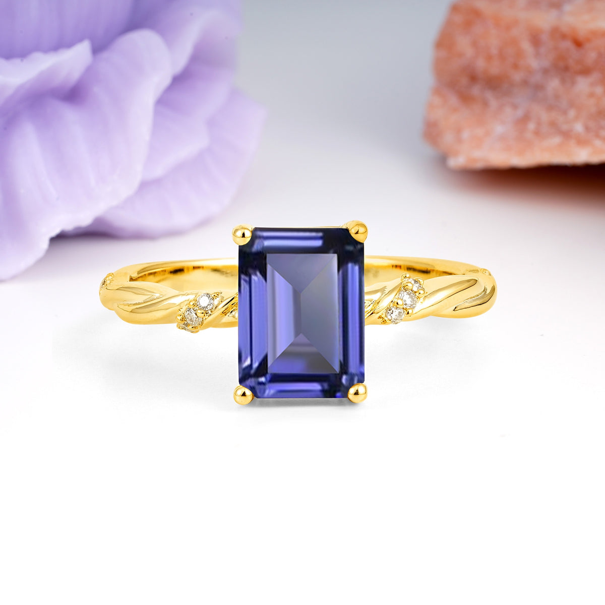 Classic Luxury Twisted 4-Prong Emerald Cut Tanzanite Engagement Ring - Additional view