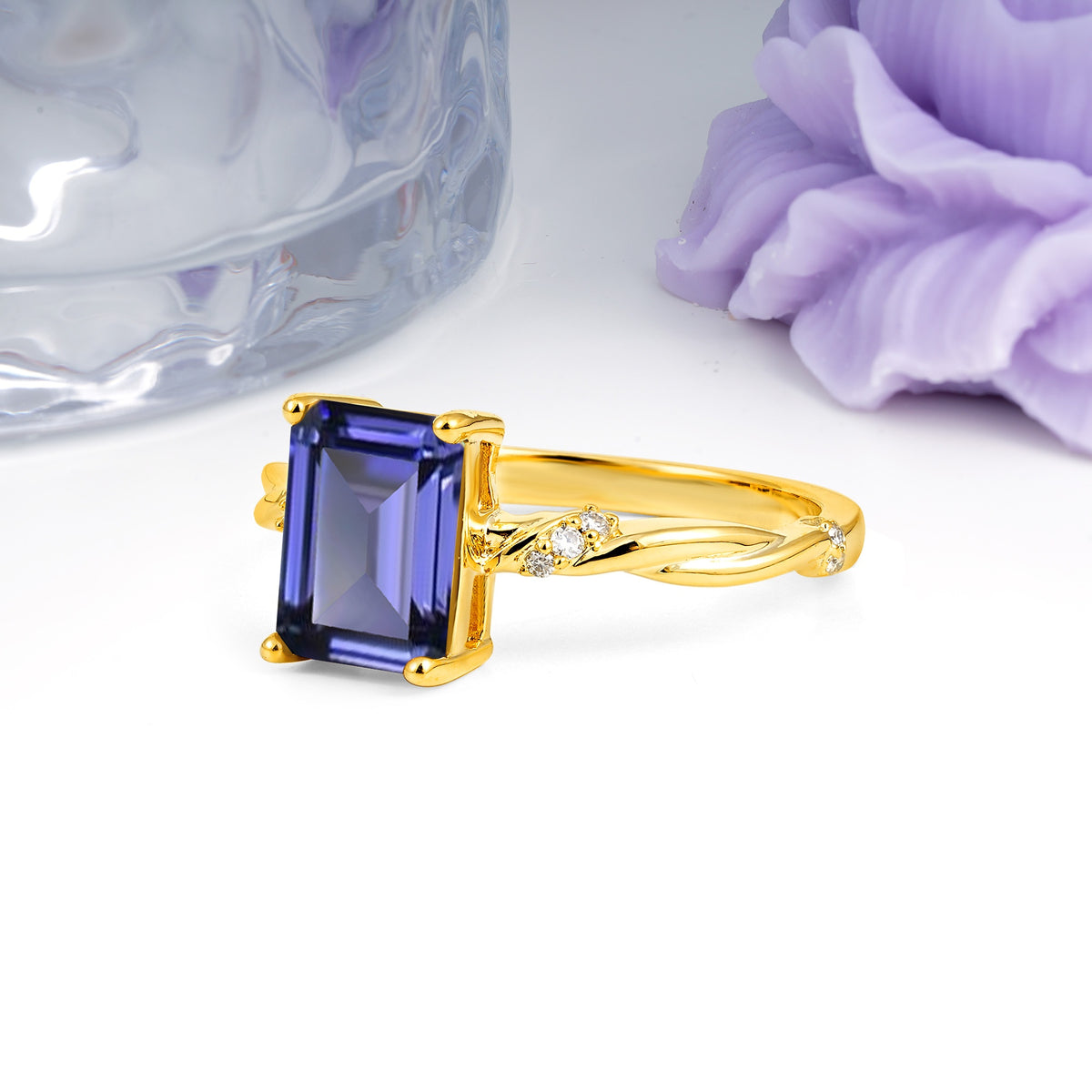 Classic Luxury Twisted 4-Prong Emerald Cut Tanzanite Engagement Ring - Additional view