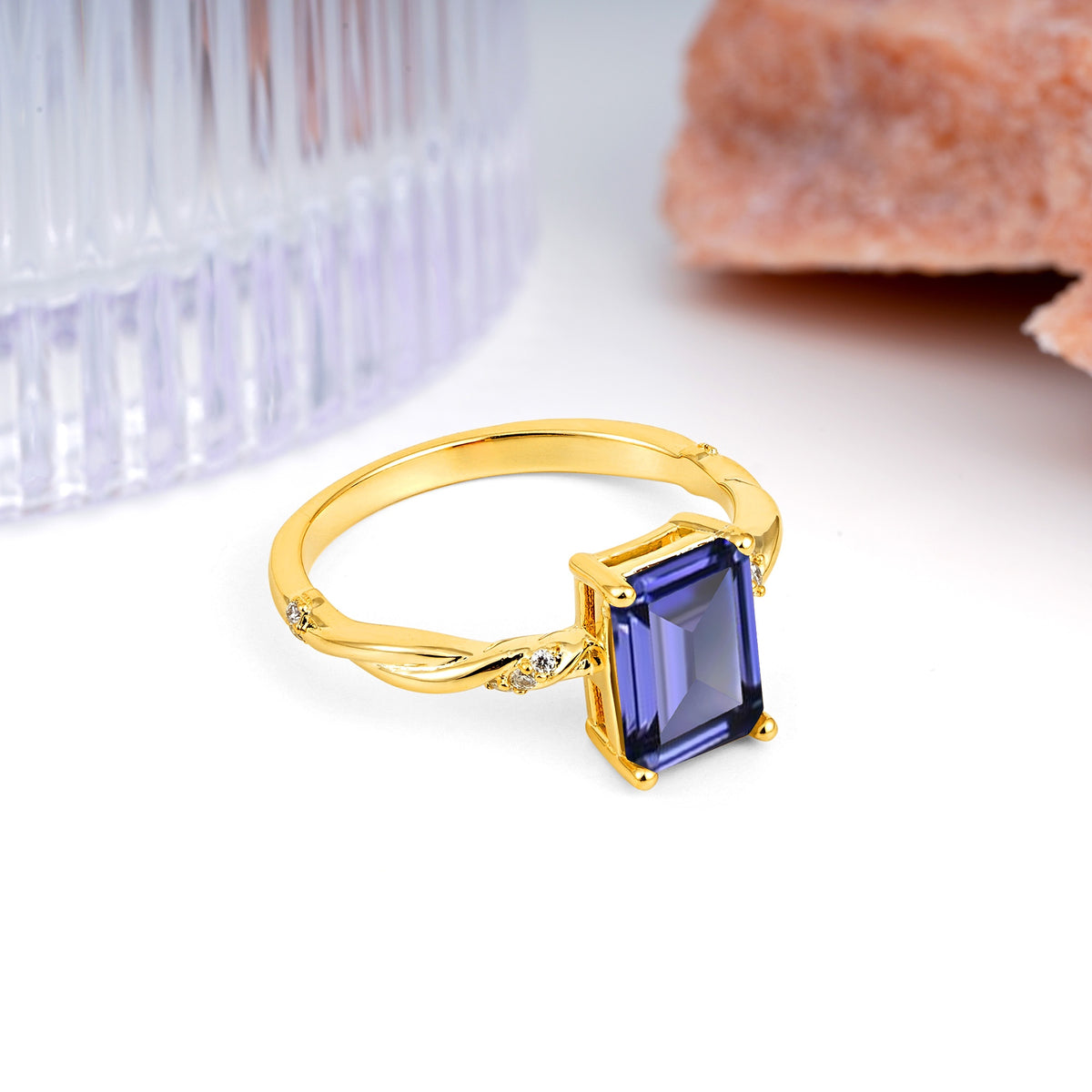 Classic Luxury Twisted 4-Prong Emerald Cut Tanzanite Engagement Ring - Additional view