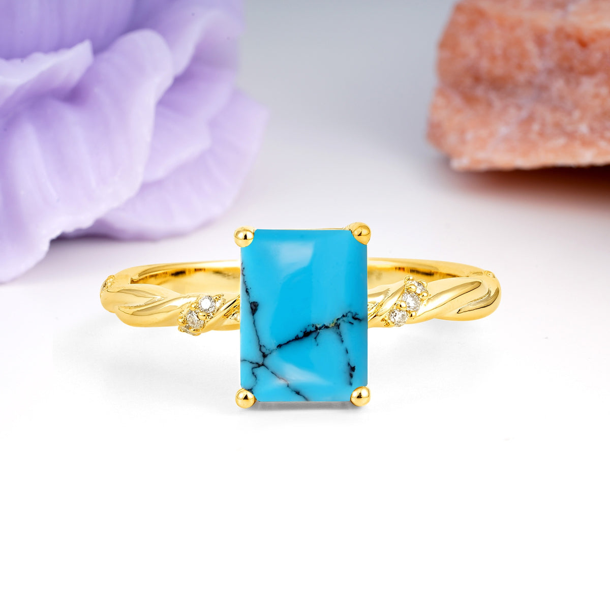 Classic Luxury Twisted 4-Prong Emerald Cut Turquoise Engagement Ring - Additional view