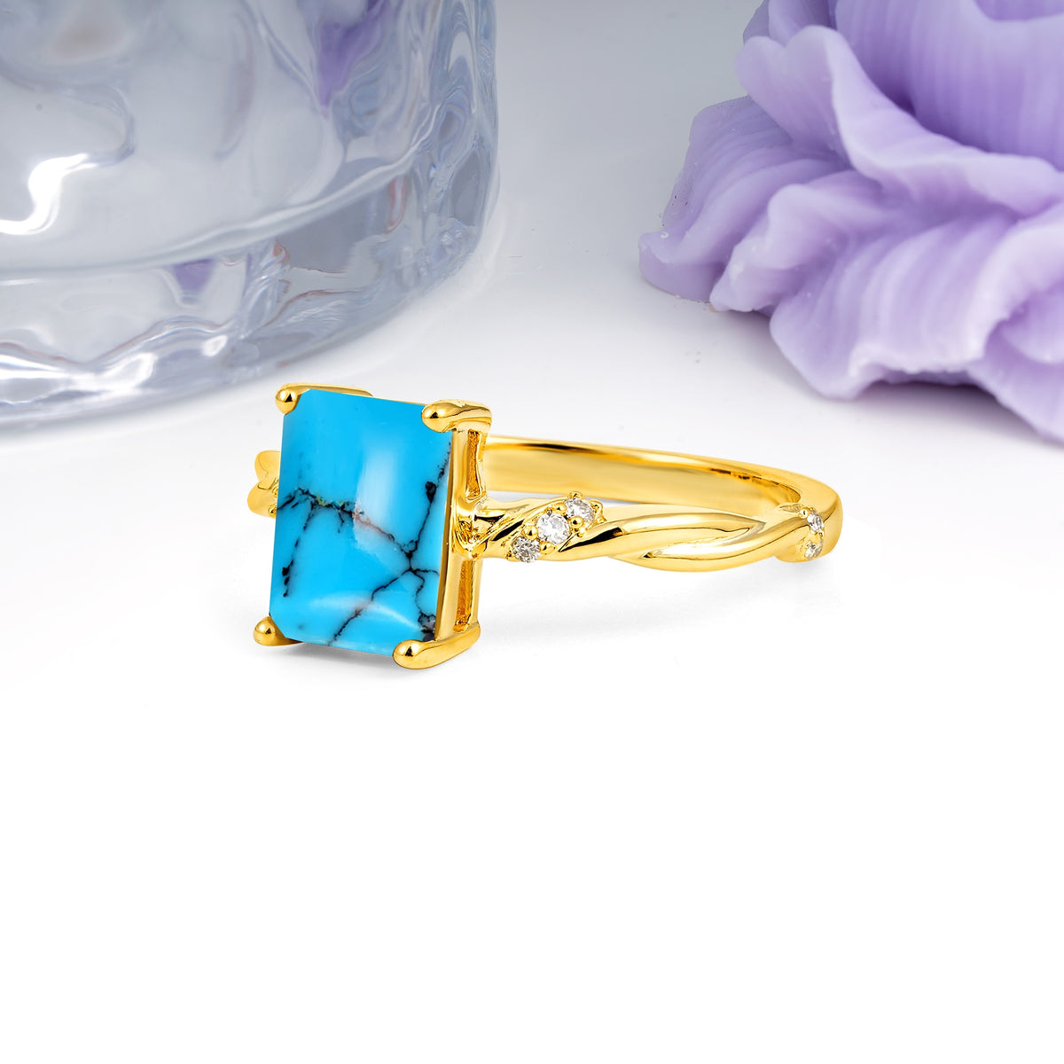 Classic Luxury Twisted 4-Prong Emerald Cut Turquoise Engagement Ring - Additional view