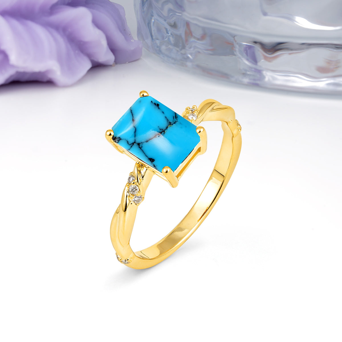 Classic Luxury Twisted 4-Prong Emerald Cut Turquoise Engagement Ring - Additional view