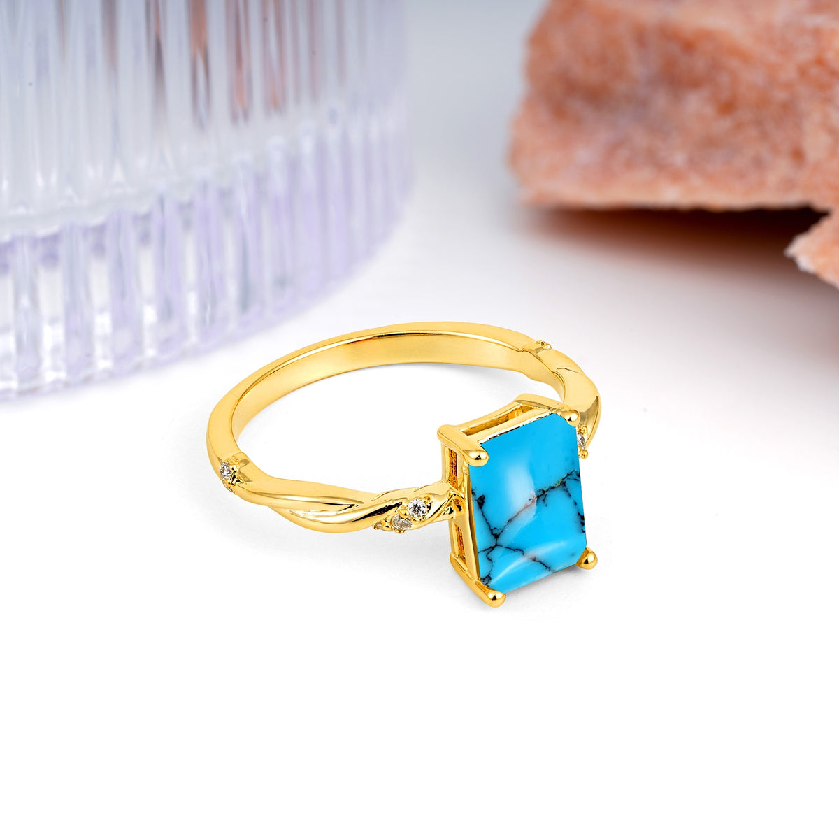 Classic Luxury Twisted 4-Prong Emerald Cut Turquoise Engagement Ring - Additional view