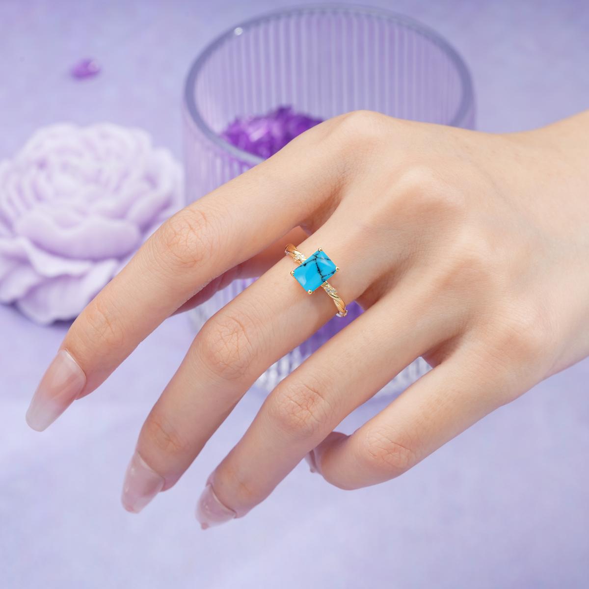 Classic Luxury Twisted 4-Prong Emerald Cut Turquoise Engagement Ring