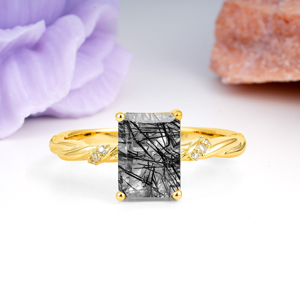 Classic Luxury Twisted 4-Prong Emerald Cut Black Rutilated Quartz Engagement Ring - Additional view