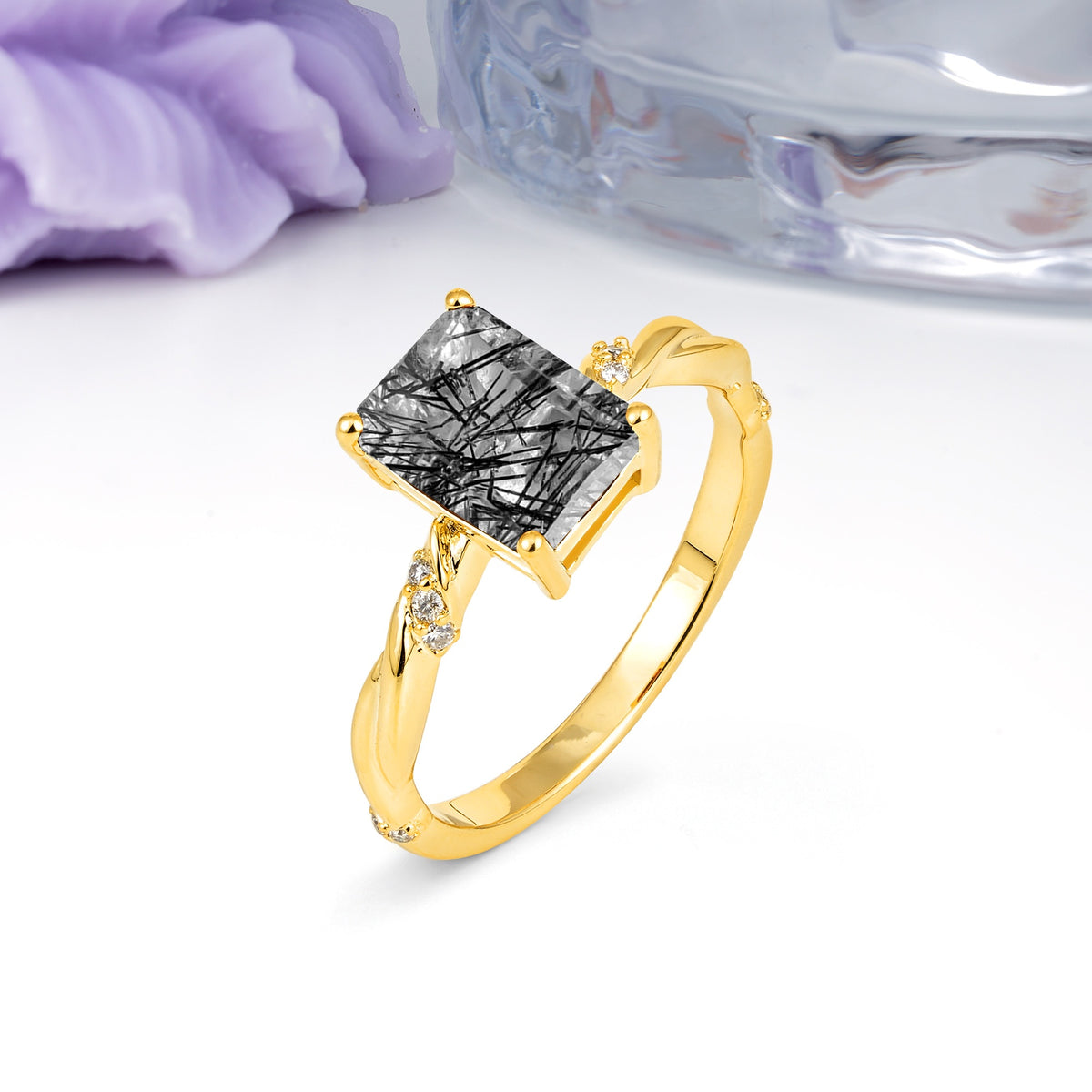 Classic Luxury Twisted 4-Prong Emerald Cut Black Rutilated Quartz Engagement Ring - Additional view