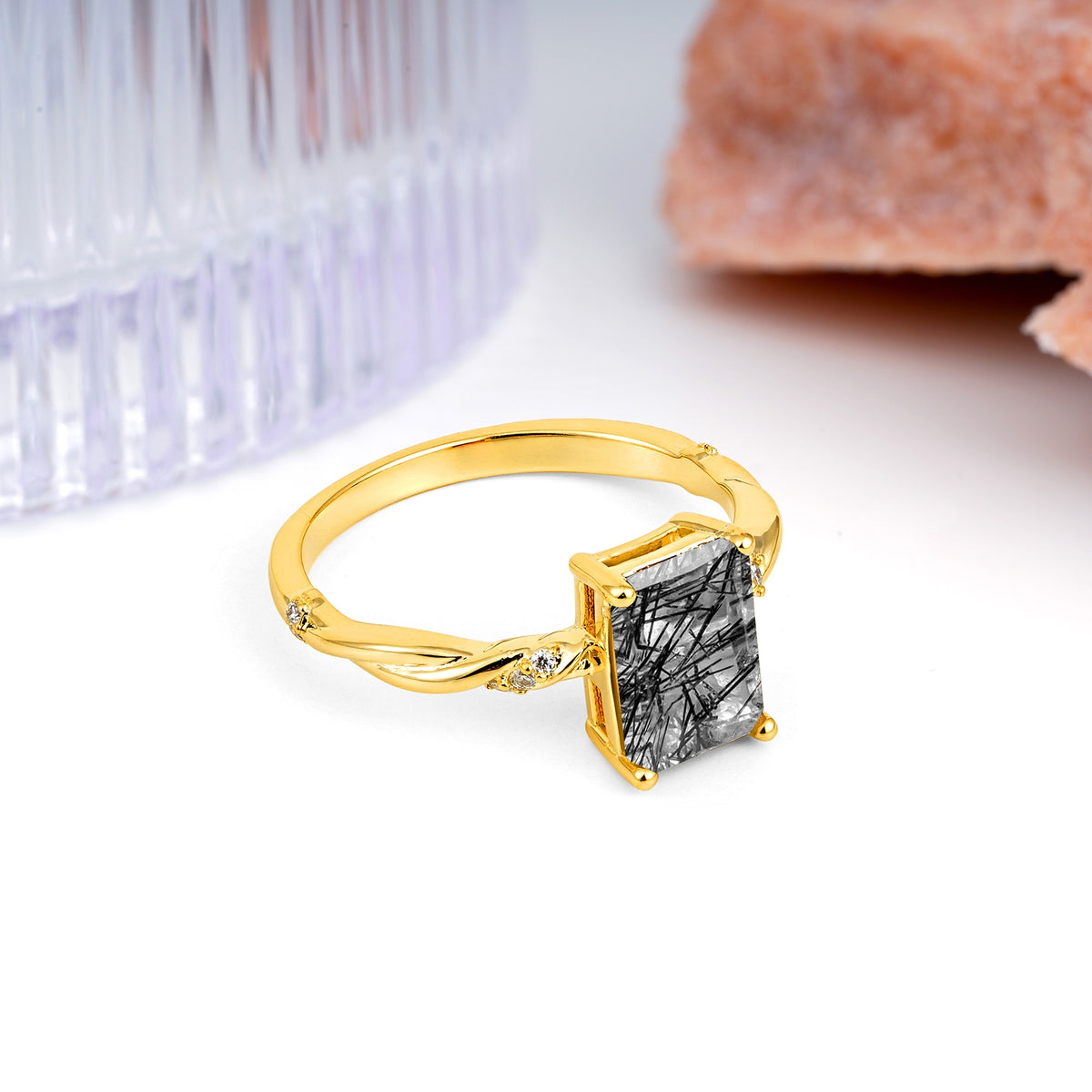 Classic Luxury Twisted 4-Prong Emerald Cut Black Rutilated Quartz Engagement Ring - Additional view