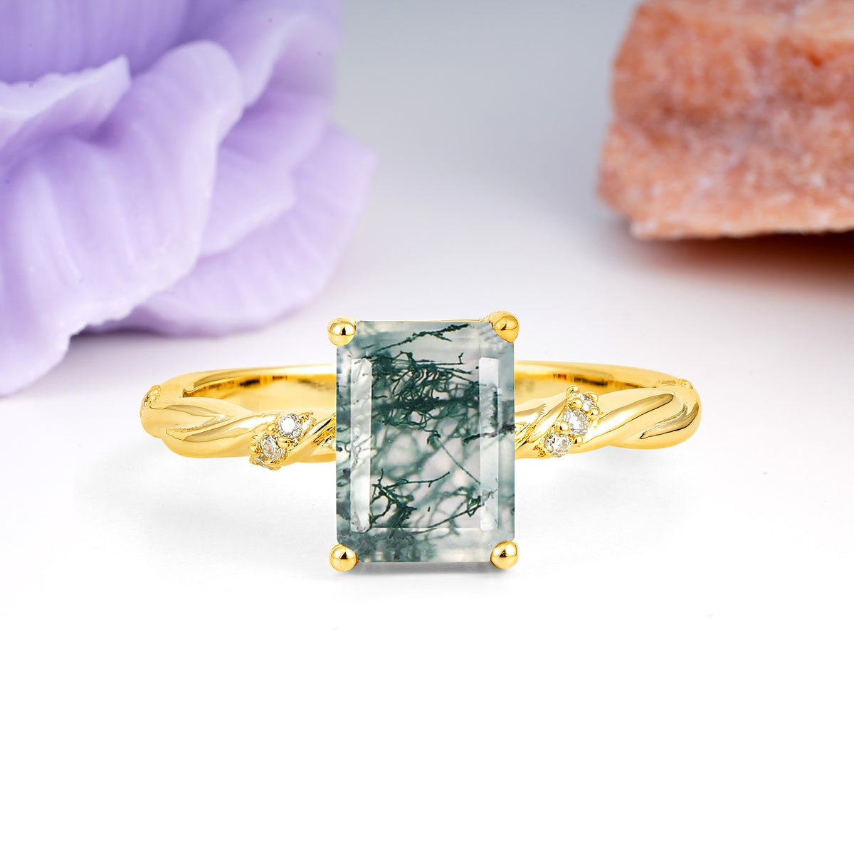 Classic Luxury Twisted 4-Prong Emerald Cut Moss Agate Engagement Ring - Additional view