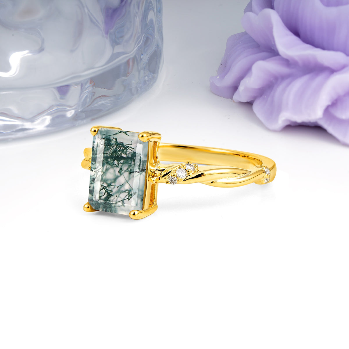 Classic Luxury Twisted 4-Prong Emerald Cut Moss Agate Engagement Ring - Additional view
