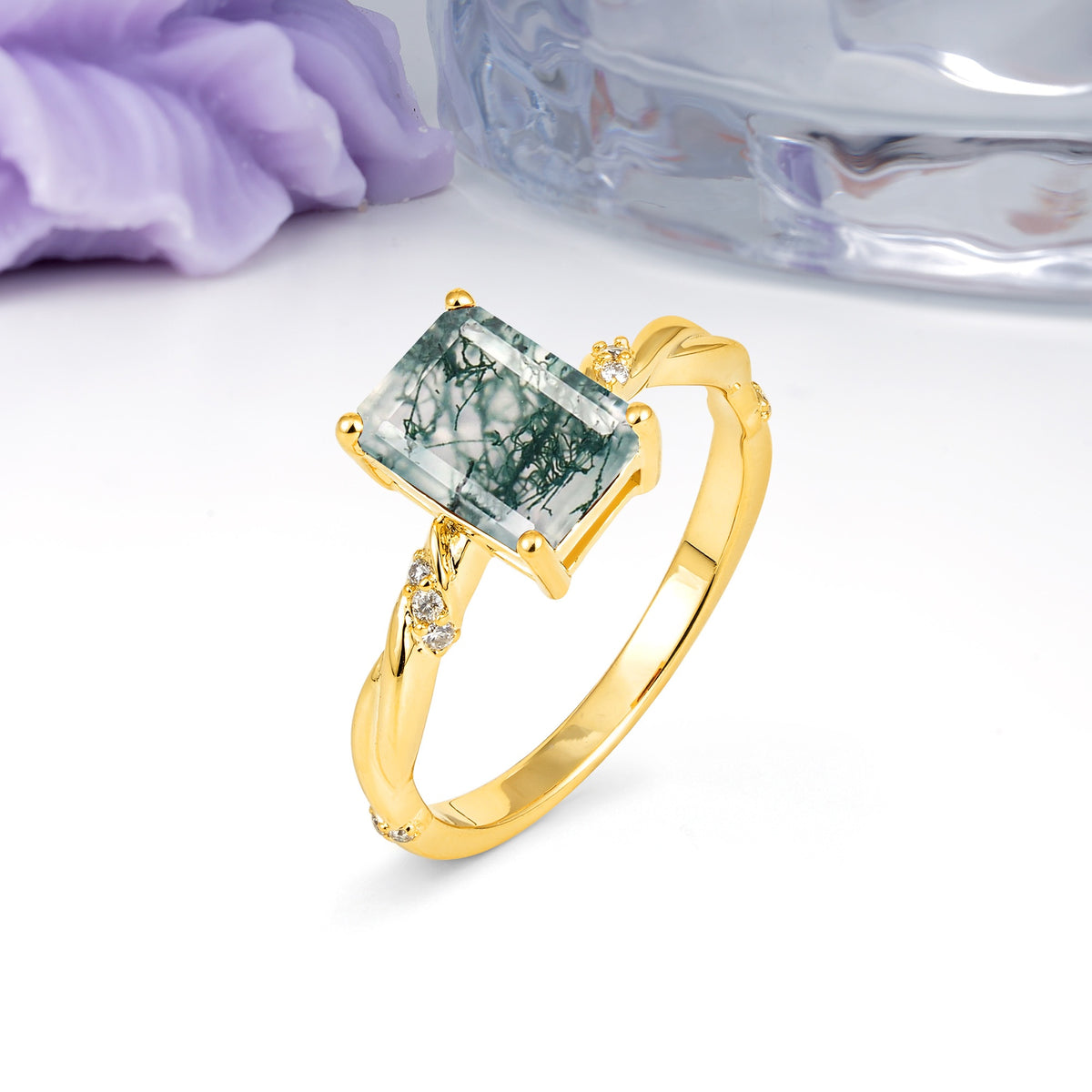 Classic Luxury Twisted 4-Prong Emerald Cut Moss Agate Engagement Ring - Additional view
