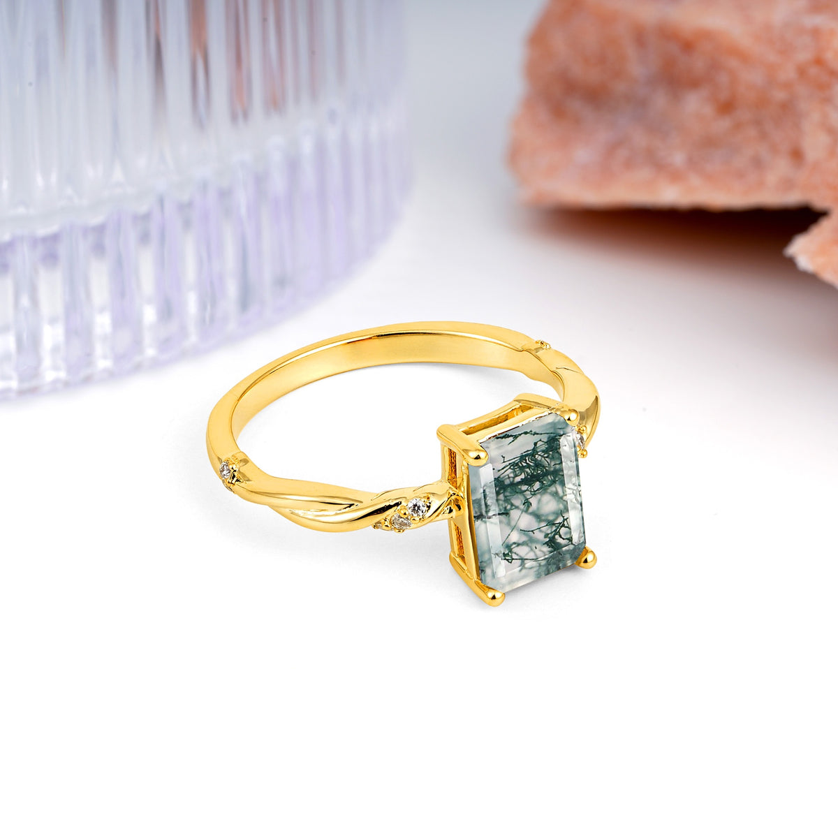 Classic Luxury Twisted 4-Prong Emerald Cut Moss Agate Engagement Ring - Additional view