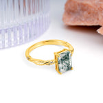 Classic Luxury Twisted 4-Prong Emerald Cut Moss Agate Engagement Ring - Additional view