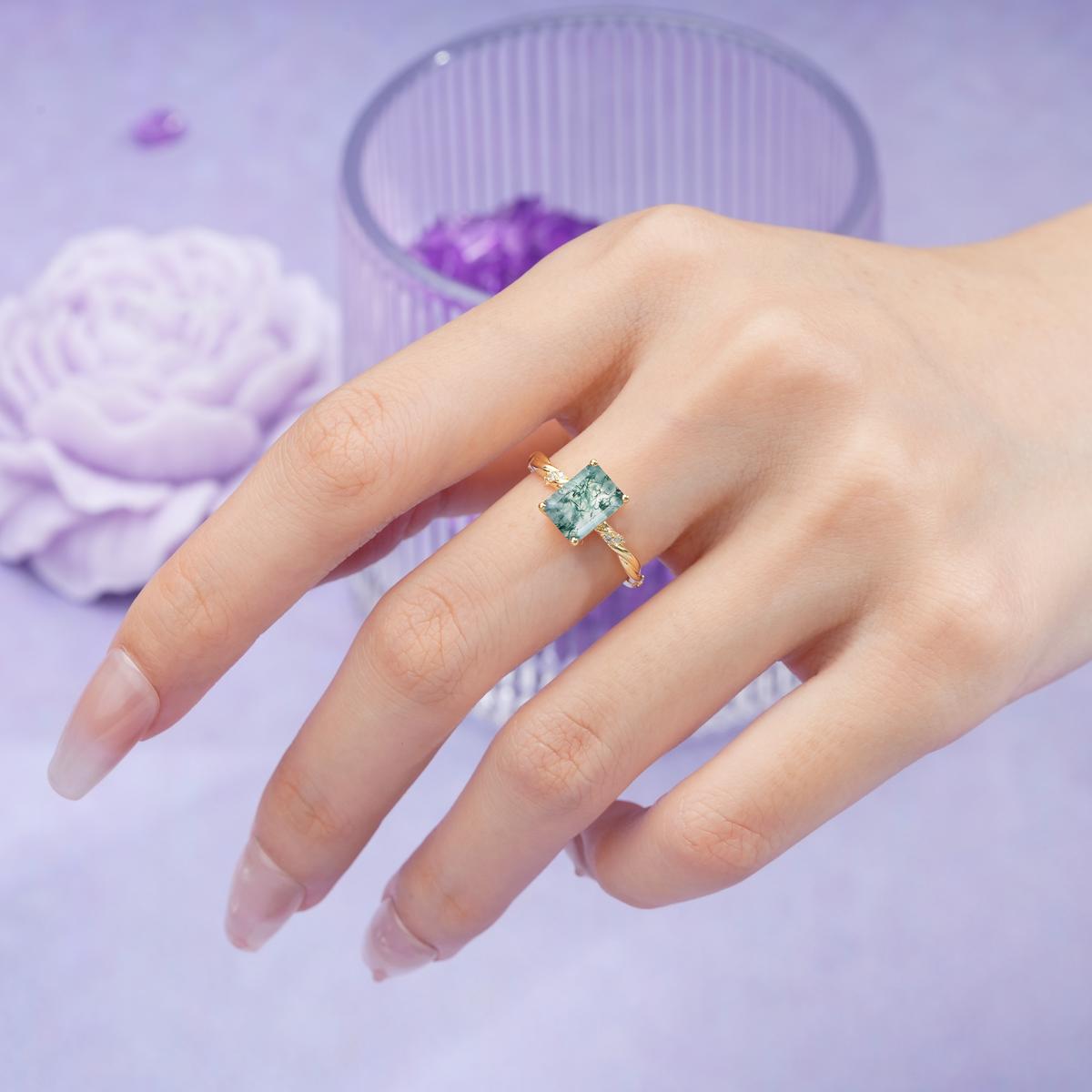 Classic Luxury Twisted 4-Prong Emerald Cut Moss Agate Engagement Ring