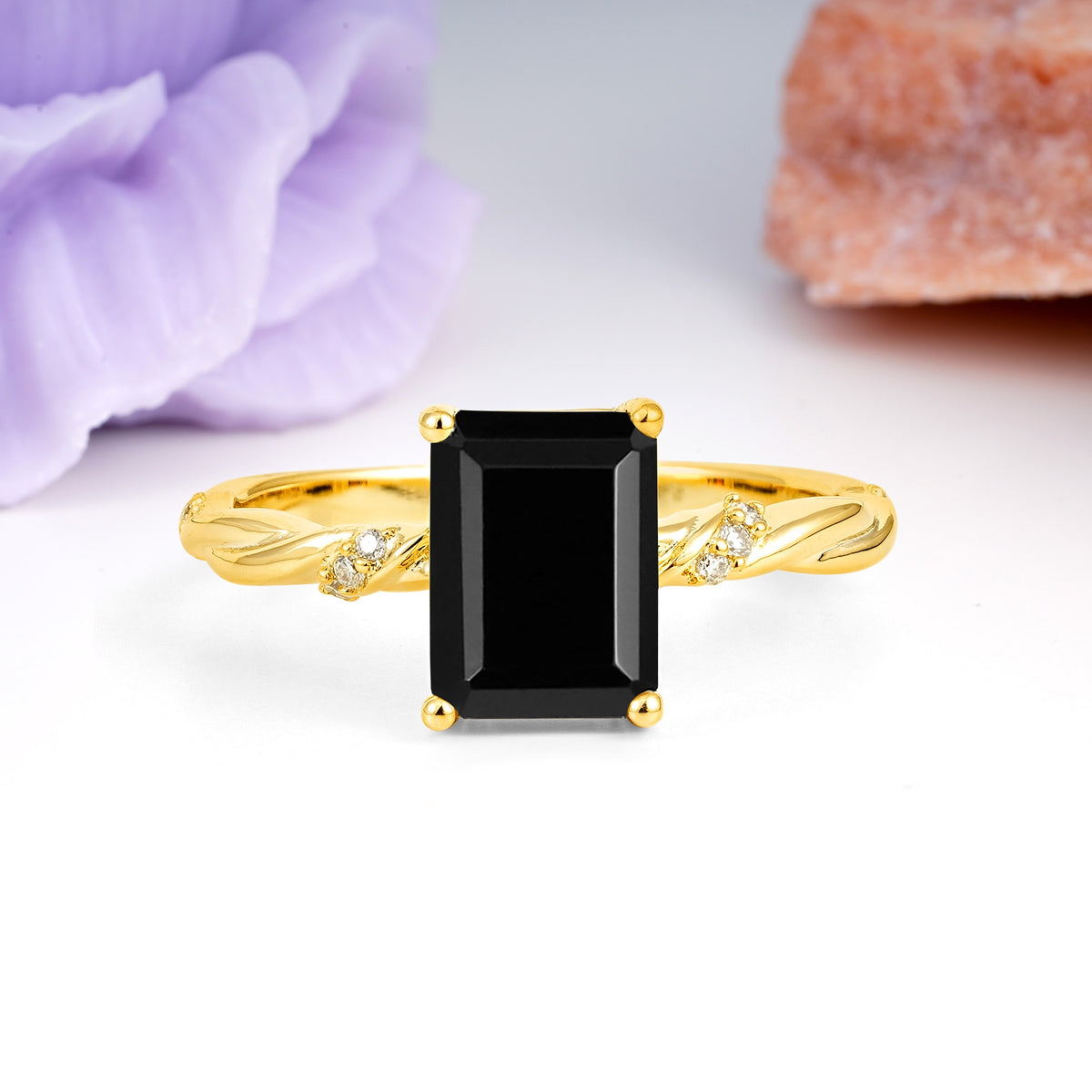 Classic Luxury Twisted 4-Prong Emerald Cut Black Onyx Engagement Ring - Additional view