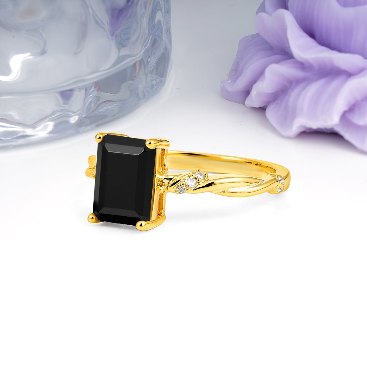 Classic Luxury Twisted 4-Prong Emerald Cut Black Onyx Engagement Ring - Additional view