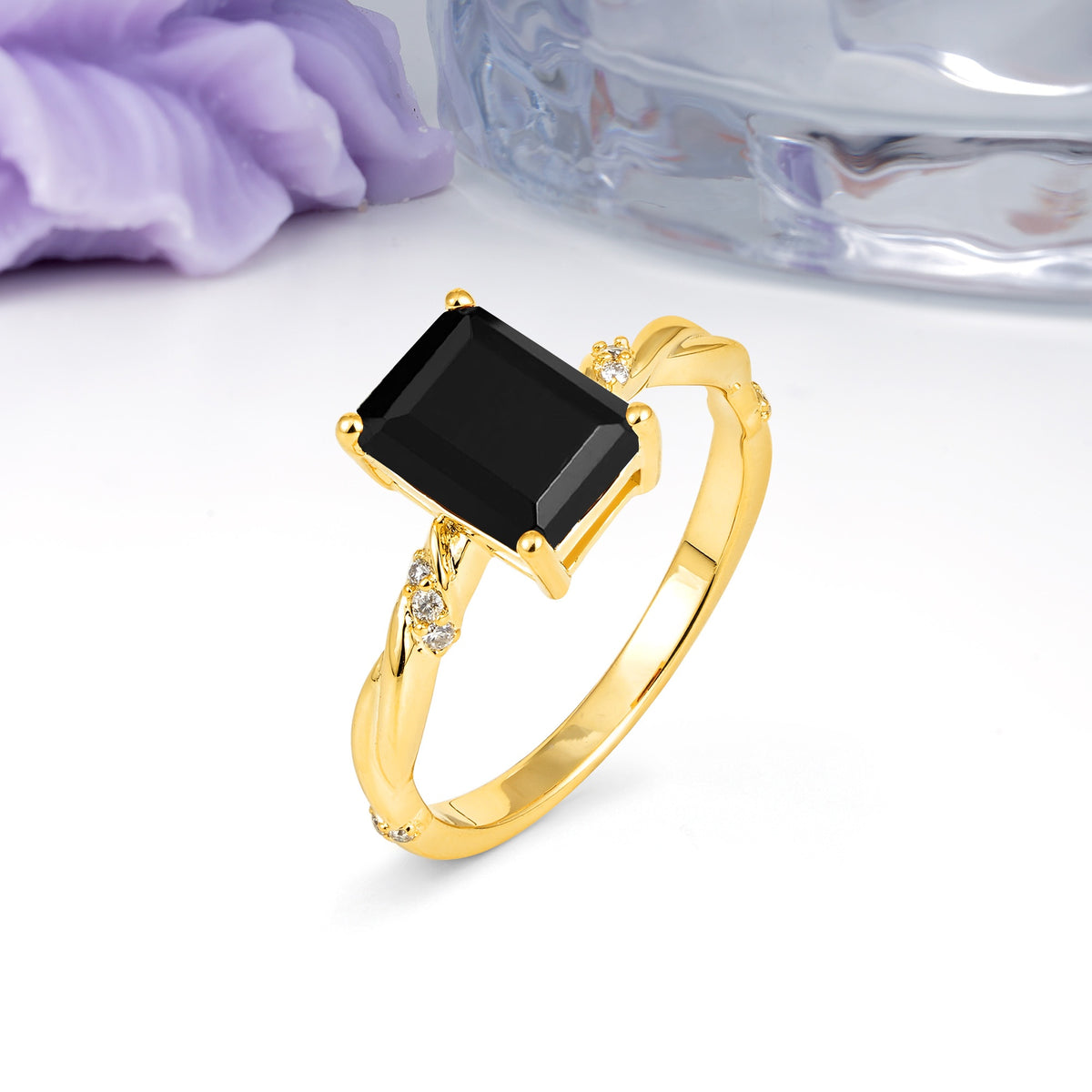 Classic Luxury Twisted 4-Prong Emerald Cut Black Onyx Engagement Ring - Additional view
