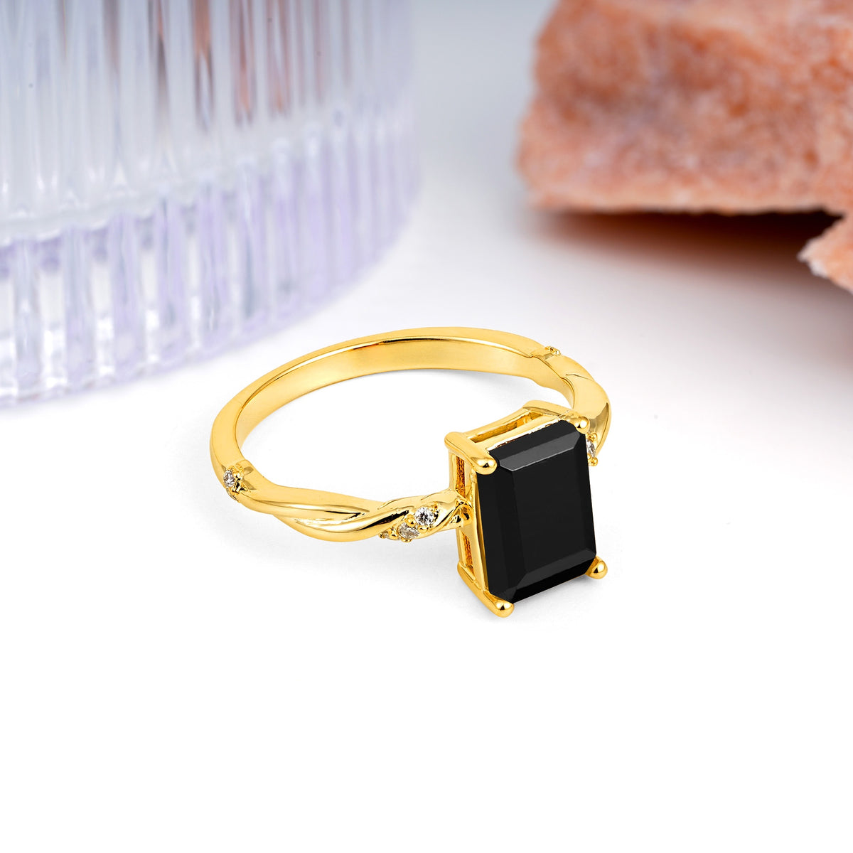 Classic Luxury Twisted 4-Prong Emerald Cut Black Onyx Engagement Ring - Additional view