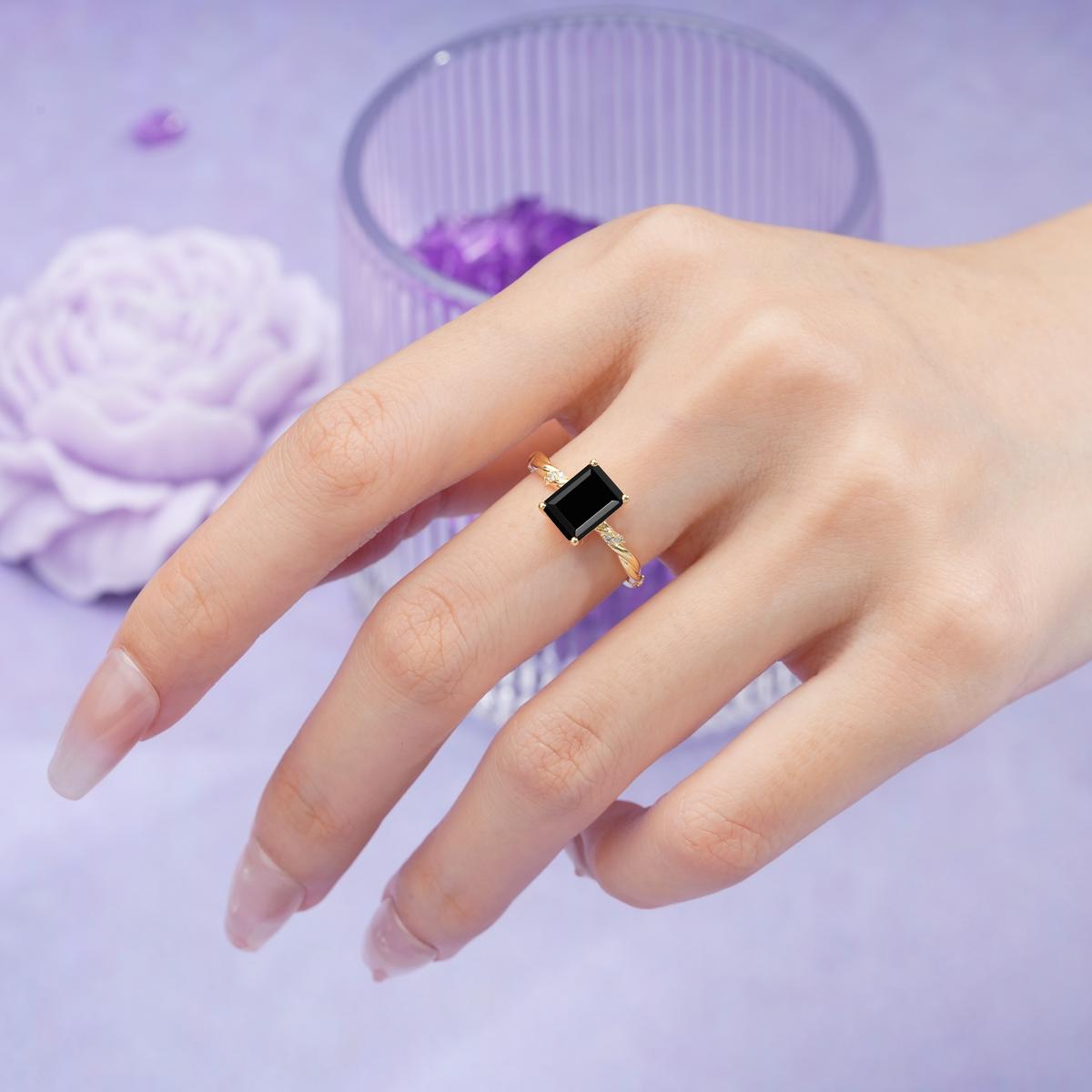 Classic Luxury Twisted 4-Prong Emerald Cut Black Onyx Engagement Ring