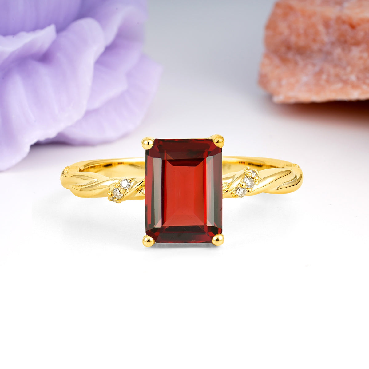 Classic Luxury Twisted 4-Prong Emerald Cut Garnet Engagement Ring - Additional view